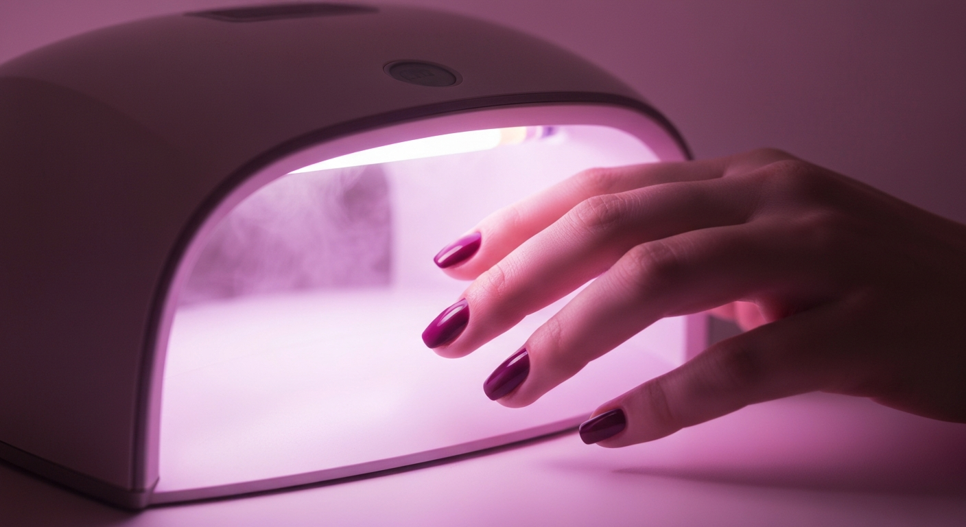 Main sous lampe UV, gel polish profond en cours de catalysation