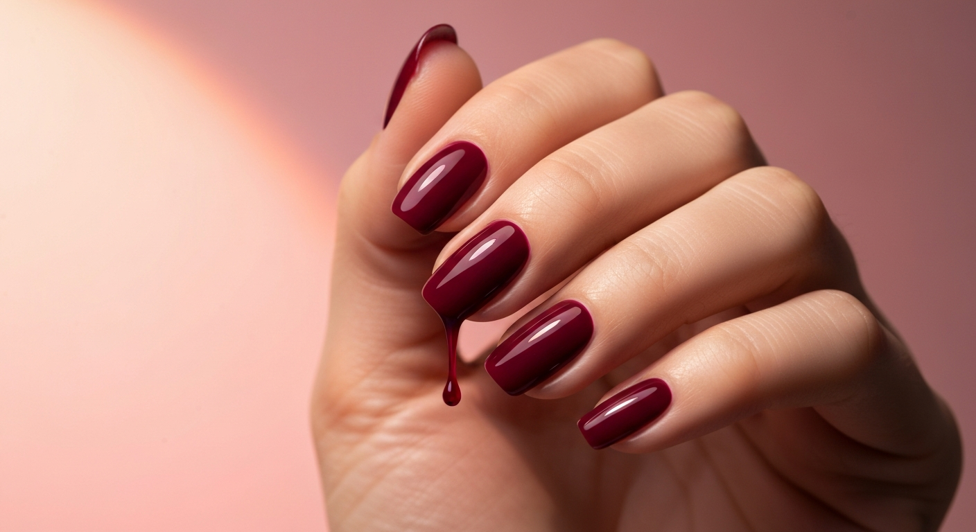 Macro éditoriale : main aux ongles laqués bordeaux profond, goutte de vernis brillante