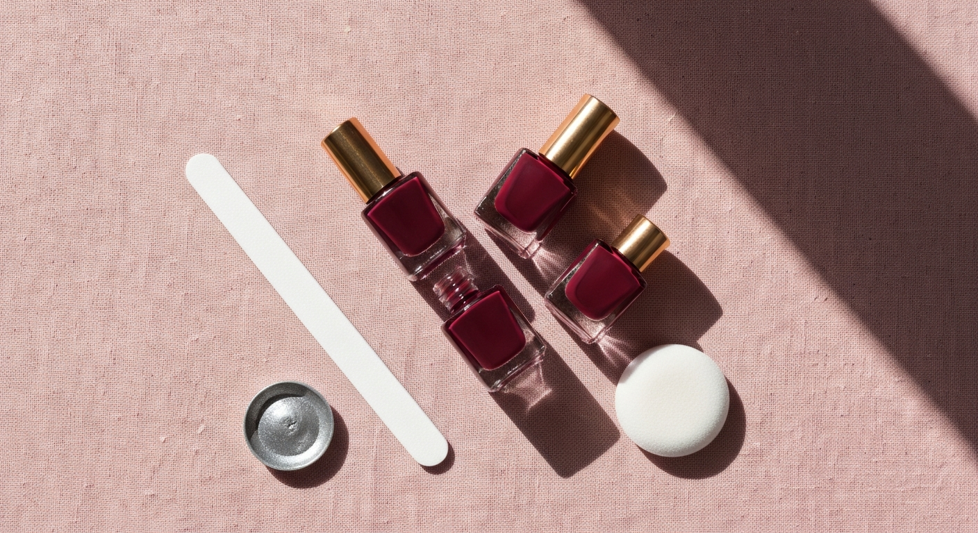 Flat-lay éditorial du kit : trois flacons de laque bordeaux, lime, buffer chamois, poudre chrome