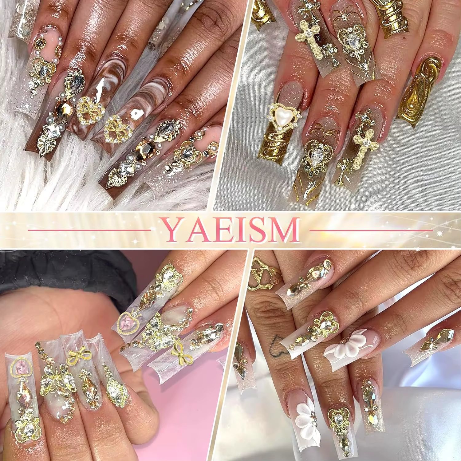 Breloques pour ongles en or, 12 formes, cœur doré, papillon 3D, croix en alliage d'or, signe d'argen
