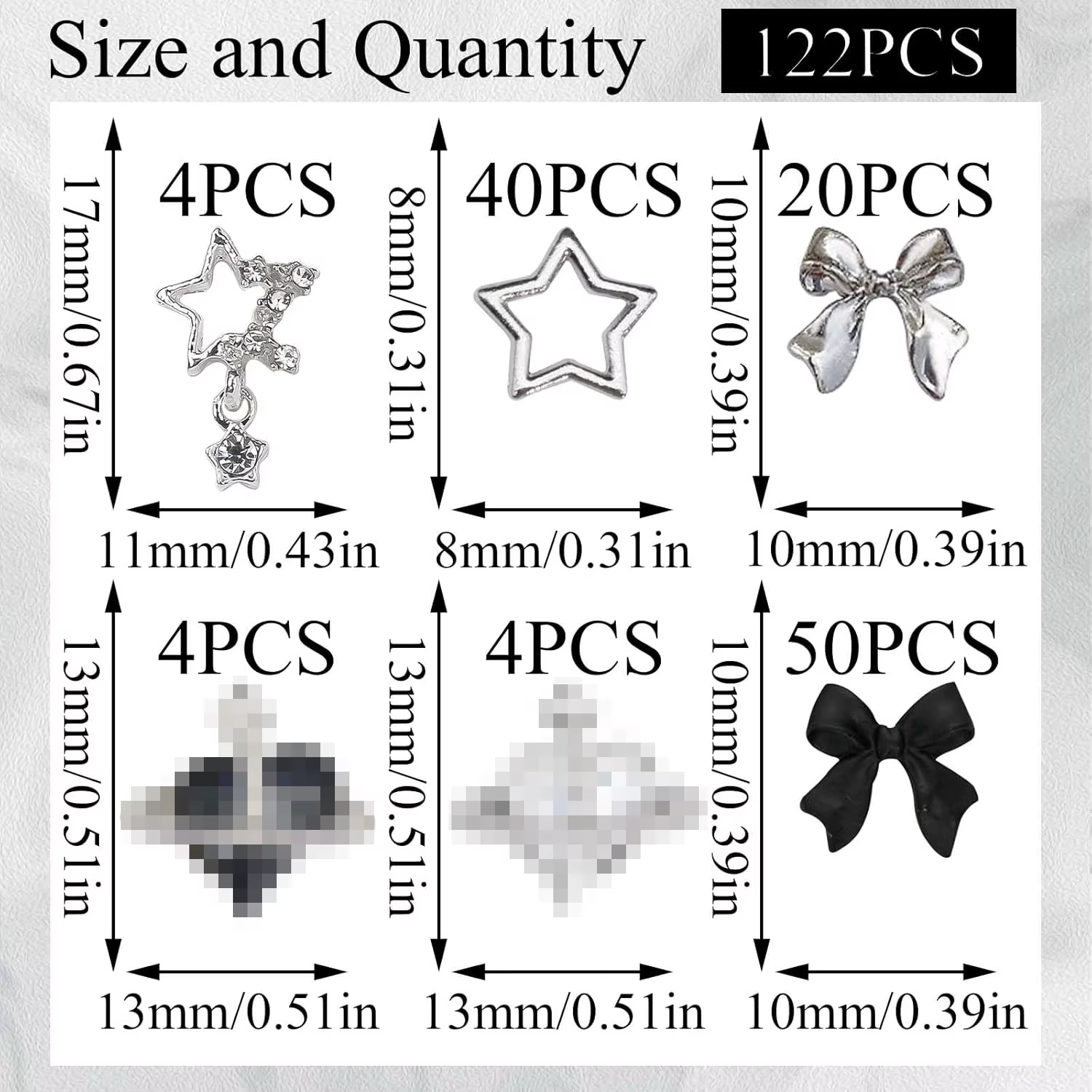 122 pièces étoile ongles breloques 3D argent ongles breloques alliage arc breloques cristal Starligh