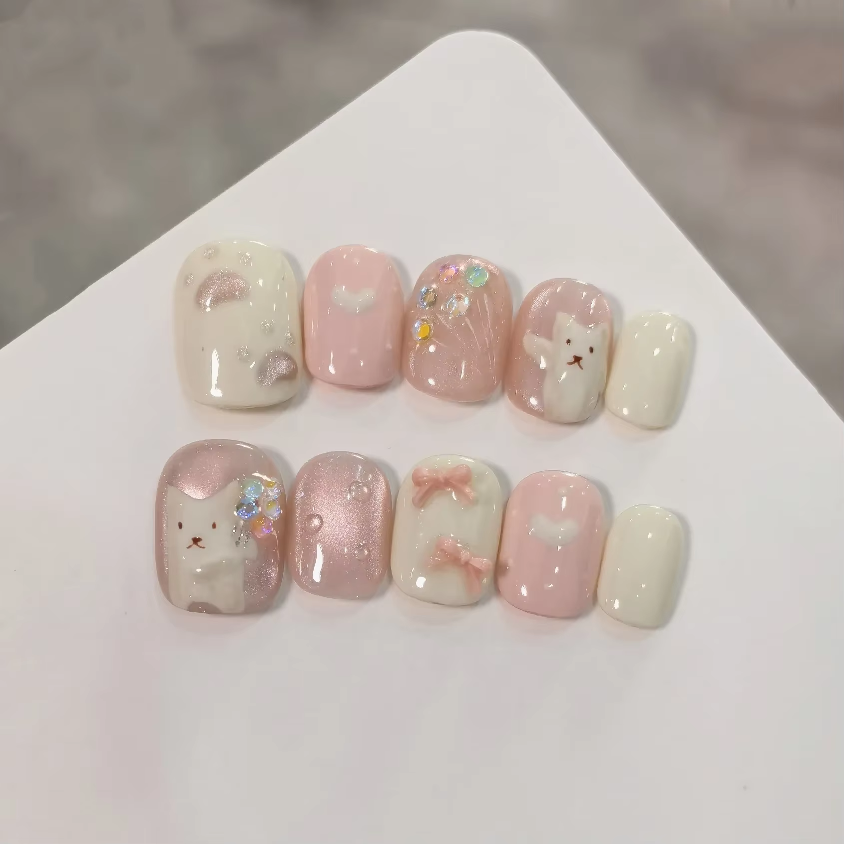Ensemble de 10 ongles à pression faits à la main, nœud papillon en forme de chat mignon, Design d'am