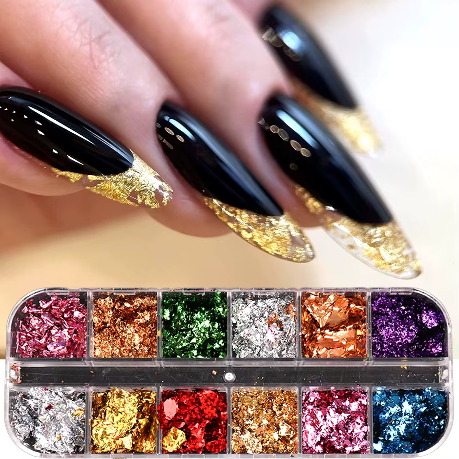 Feuilles d'or holographiques à 12 grilles, flocons d'ongles, feuille d'épissure, artisanat, Paillett