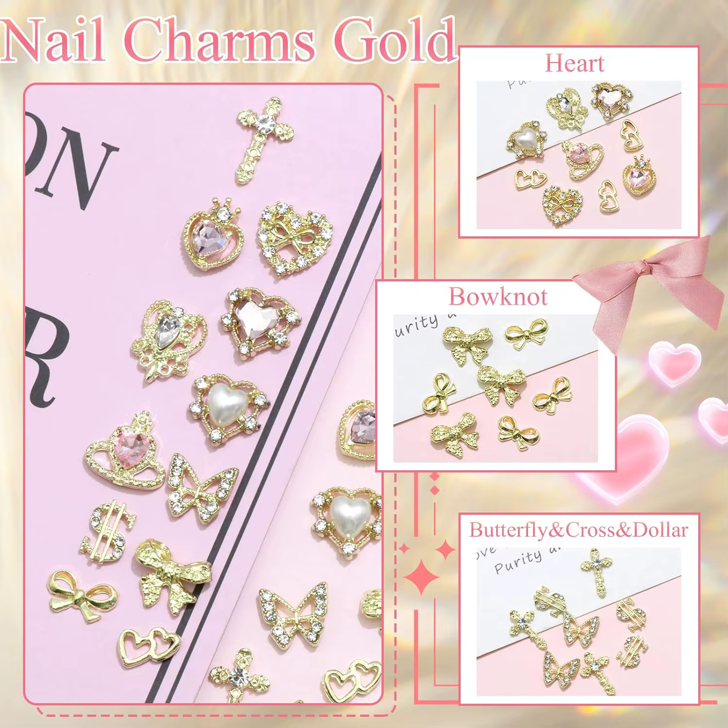 Breloques pour ongles en or, 12 formes, cœur doré, papillon 3D, croix en alliage d'or, signe d'argen