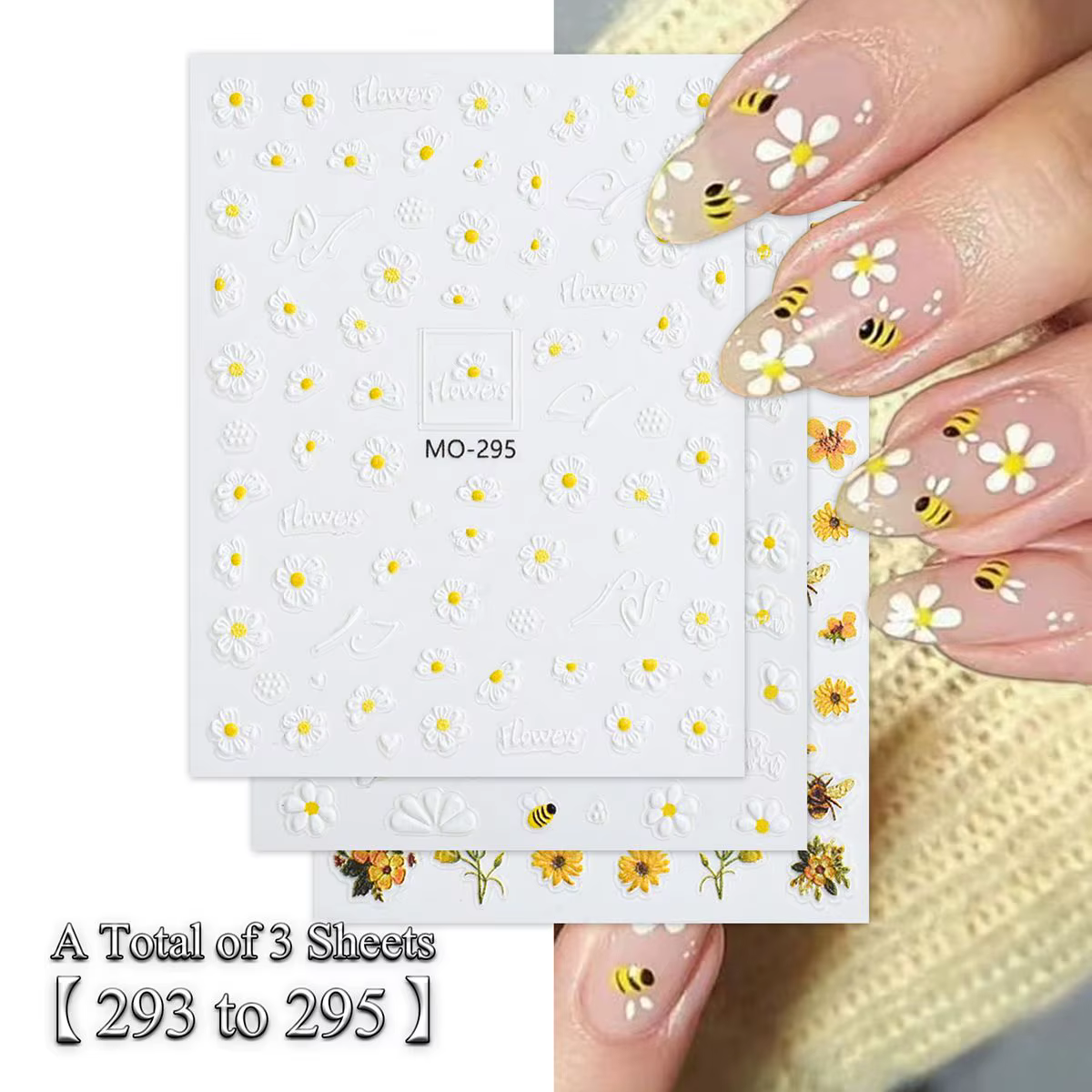 Autocollants pour ongles marguerite abeille, 3/6 feuilles, décalcomanies pour Nail Art, fleur en rel