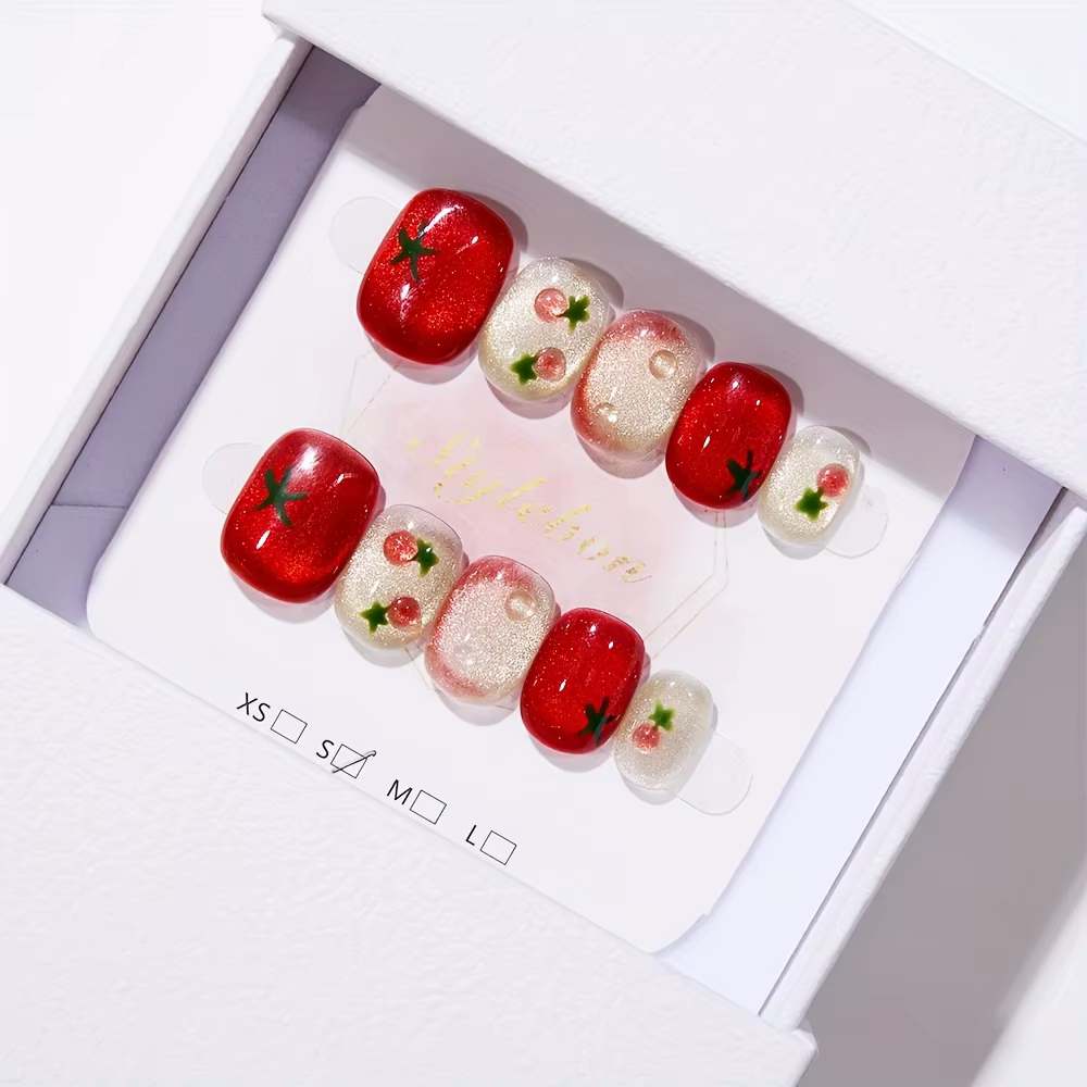 10 pièces ongles à pression courts ovales rouges festifs avec un design de tomate mignon finition br