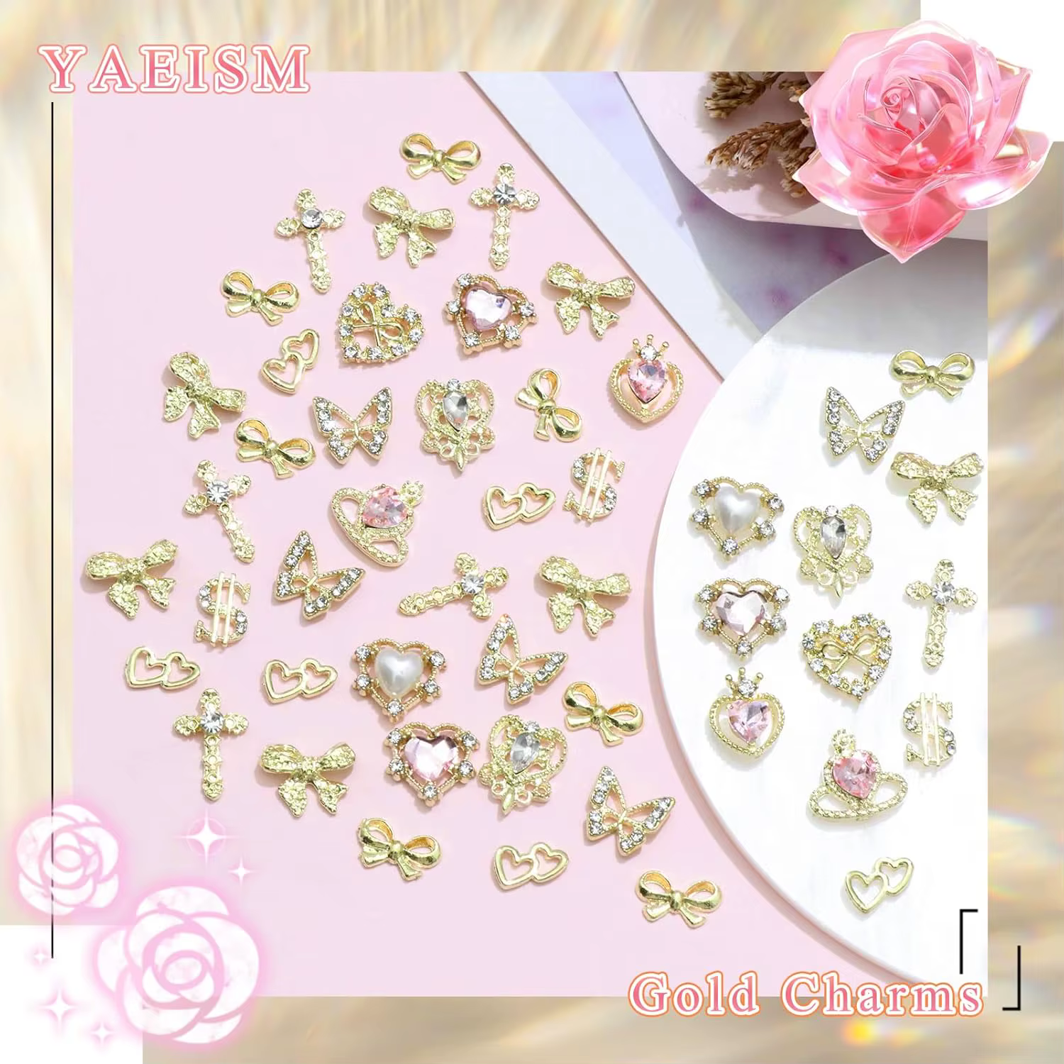 Breloques pour ongles en or, 12 formes, cœur doré, papillon 3D, croix en alliage d'or, signe d'argen