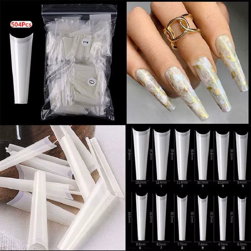 Faux ongles en forme de cercueil français, 504 pièces, transparents et naturels, demi-couverture, en