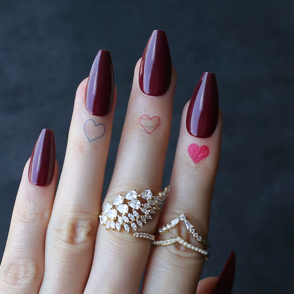 Faux ongles de Ballet courts, couleur bordeaux, gel UV Vampire, cercueil, ongles artificiels moyens 