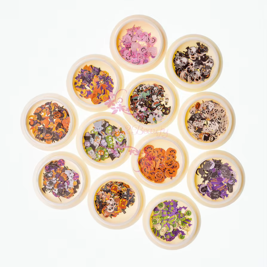 1 ensemble de 12 styles variés de décorations colorées pour ongles en papier de pulpe de bois, série