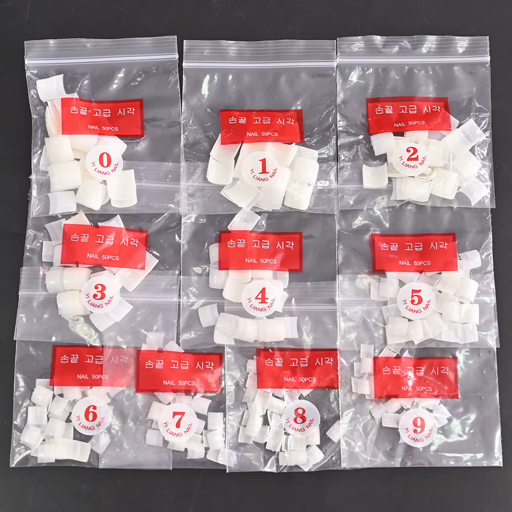 500 pièces/sac, faux ongles courts carrés, style French, demi-couverture, taille 10 (0-9), transpare