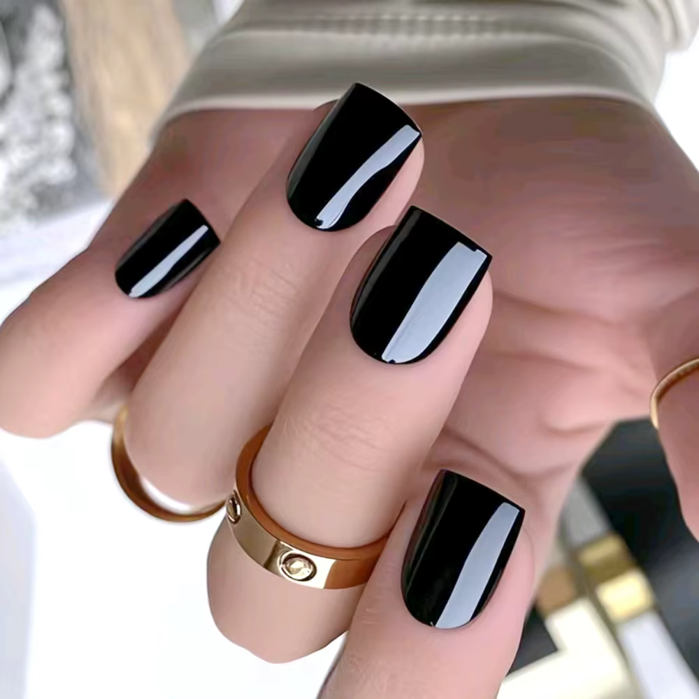 Faux ongles réutilisables en acrylique à presser, noirs brillants, avec colle, courts, carrés, pour 