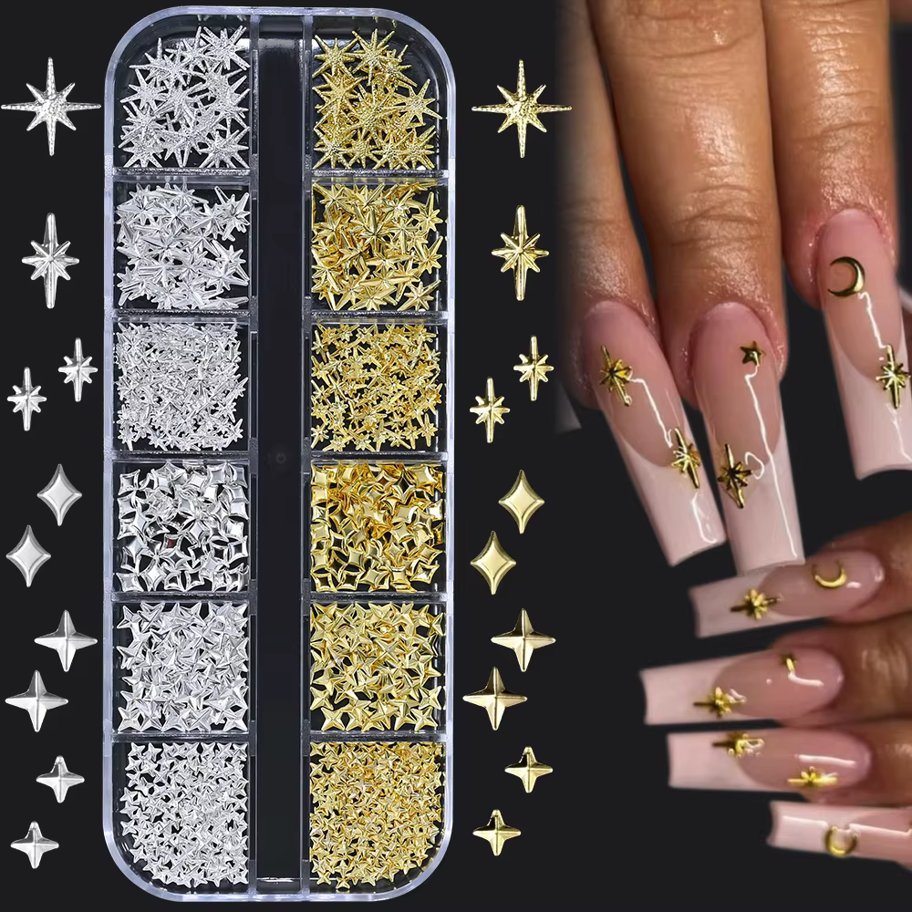1000 pièces-12 grilles 3D or argent étoile/croix ongles Rivet goujons alliage métallique Starlight o