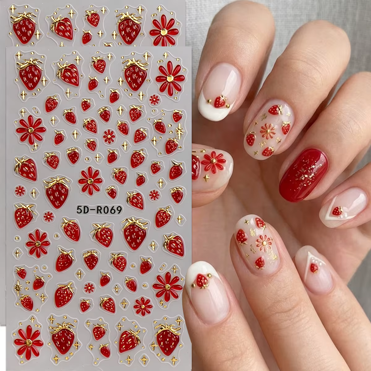 Autocollants 5D pour ongles motif fraise, nœuds mignons et pois, fournitures de manucure pour techni