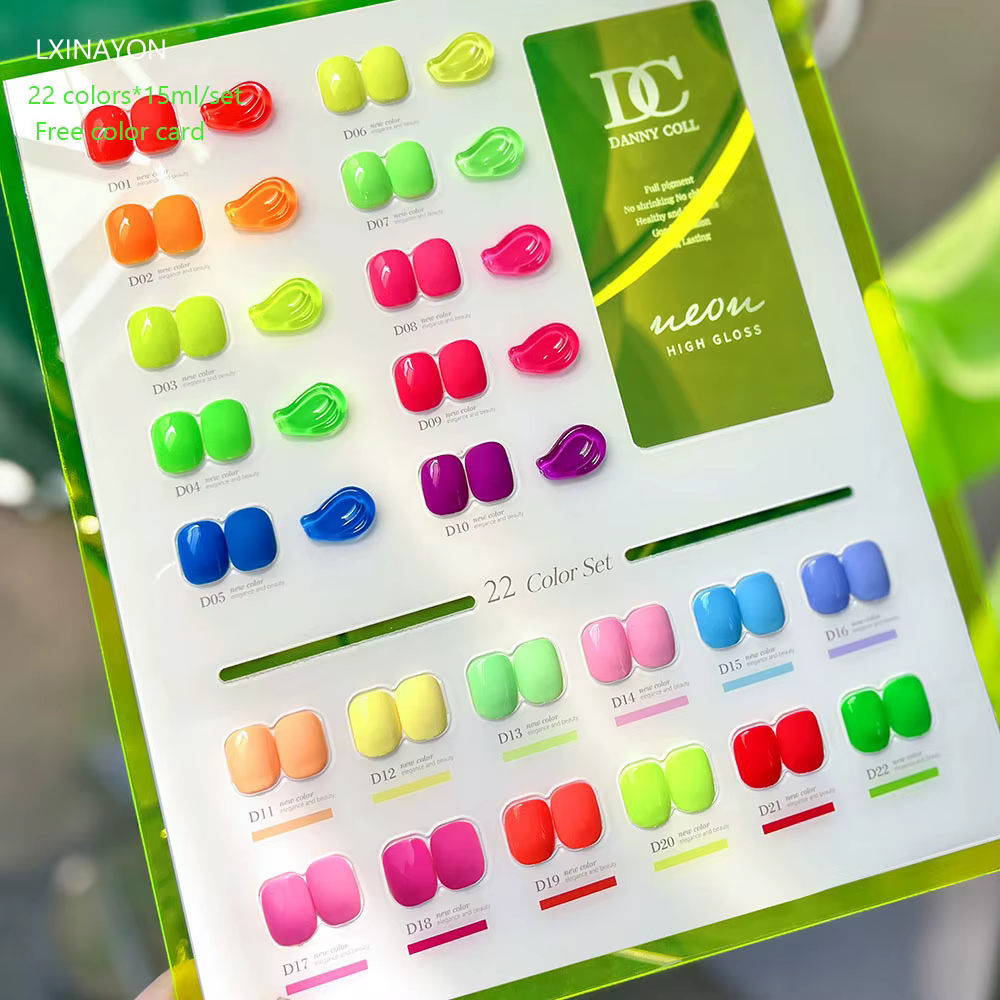 22 pièces Fluorescent néon rouge rose couleurs Gel vernis à ongles ensemble avec carte bleu vif trem