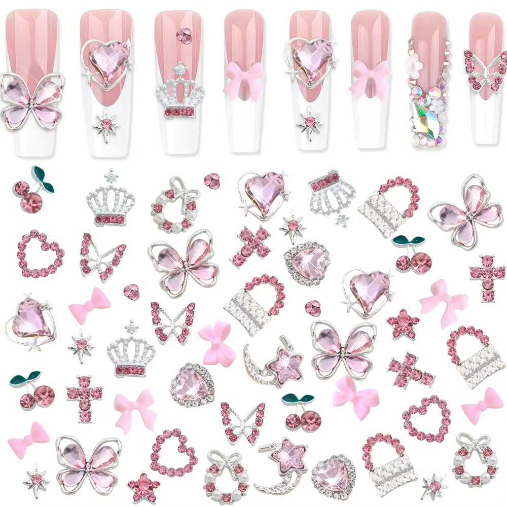 50/58 pièces mixte luxe rose cristal papillon/arc Y2k ongles breloques 3D métal argent alliage Nail 