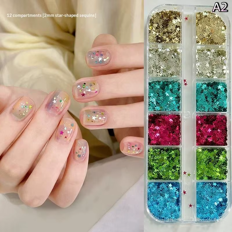 【12Grids Star Sequin Five-pointed Star Colorful Nail Art Charm Sparkle 3D Nail Rivet Nail Decor DIY 