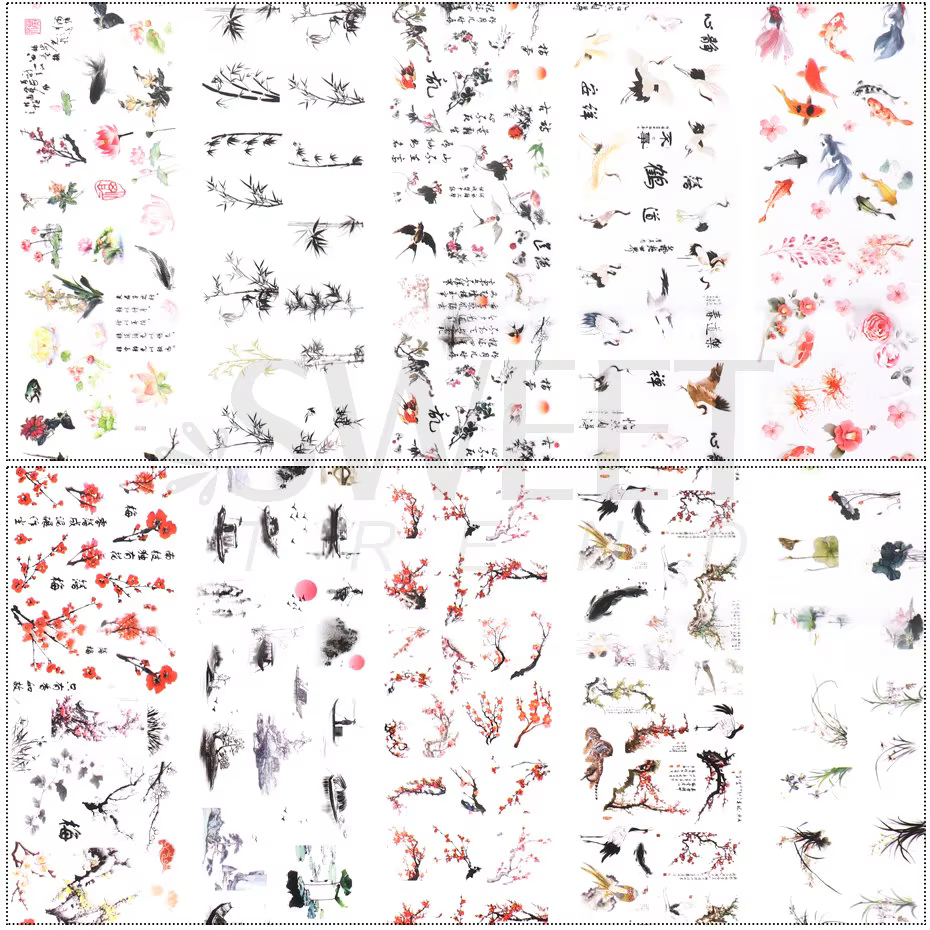 10 pièces feuilles à ongles caractère chinois grue bambou or poisson fleur Style chinois curseur aut