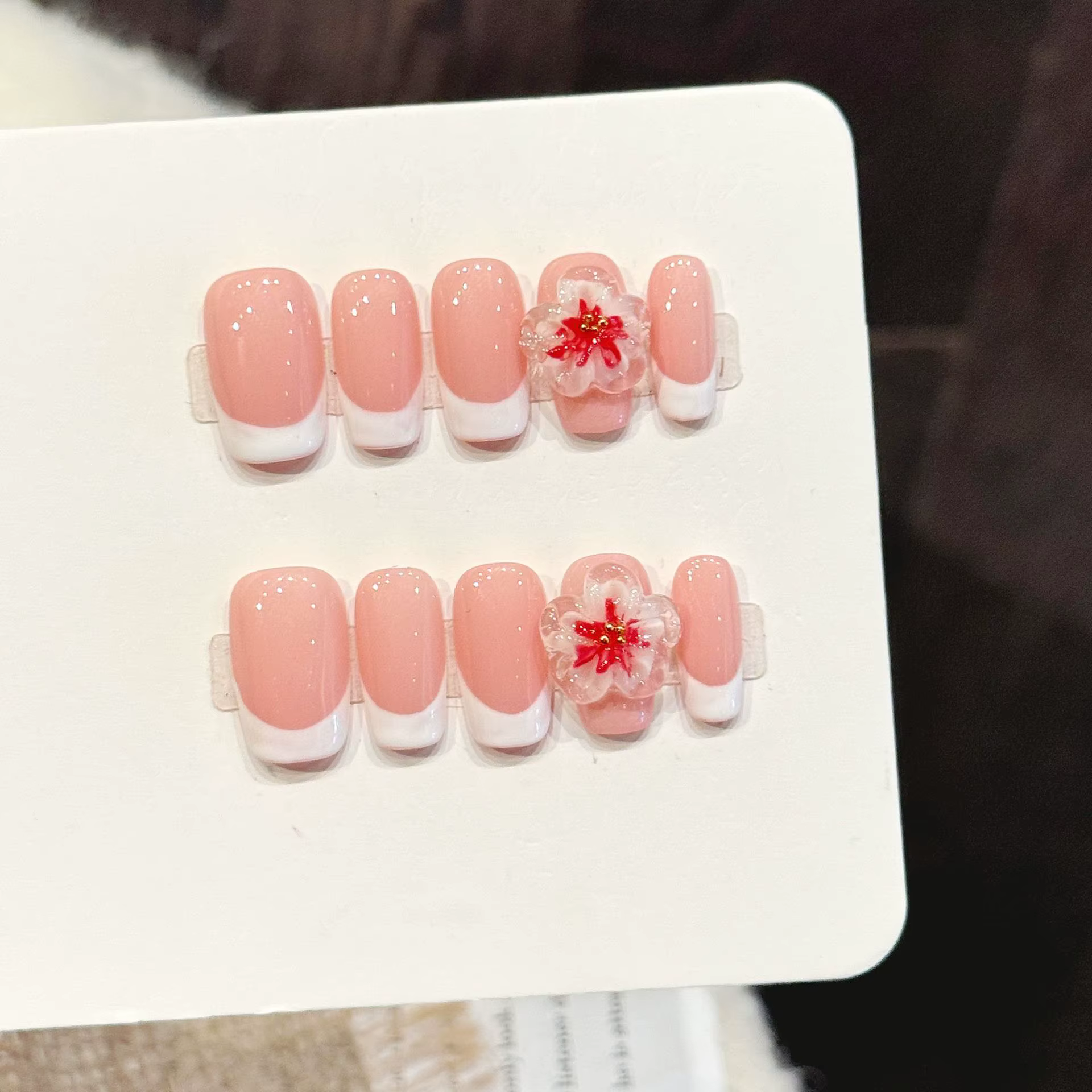 10 faux ongles en forme de cercueil faits à la main, doux et délicats, style français en couleurs pa
