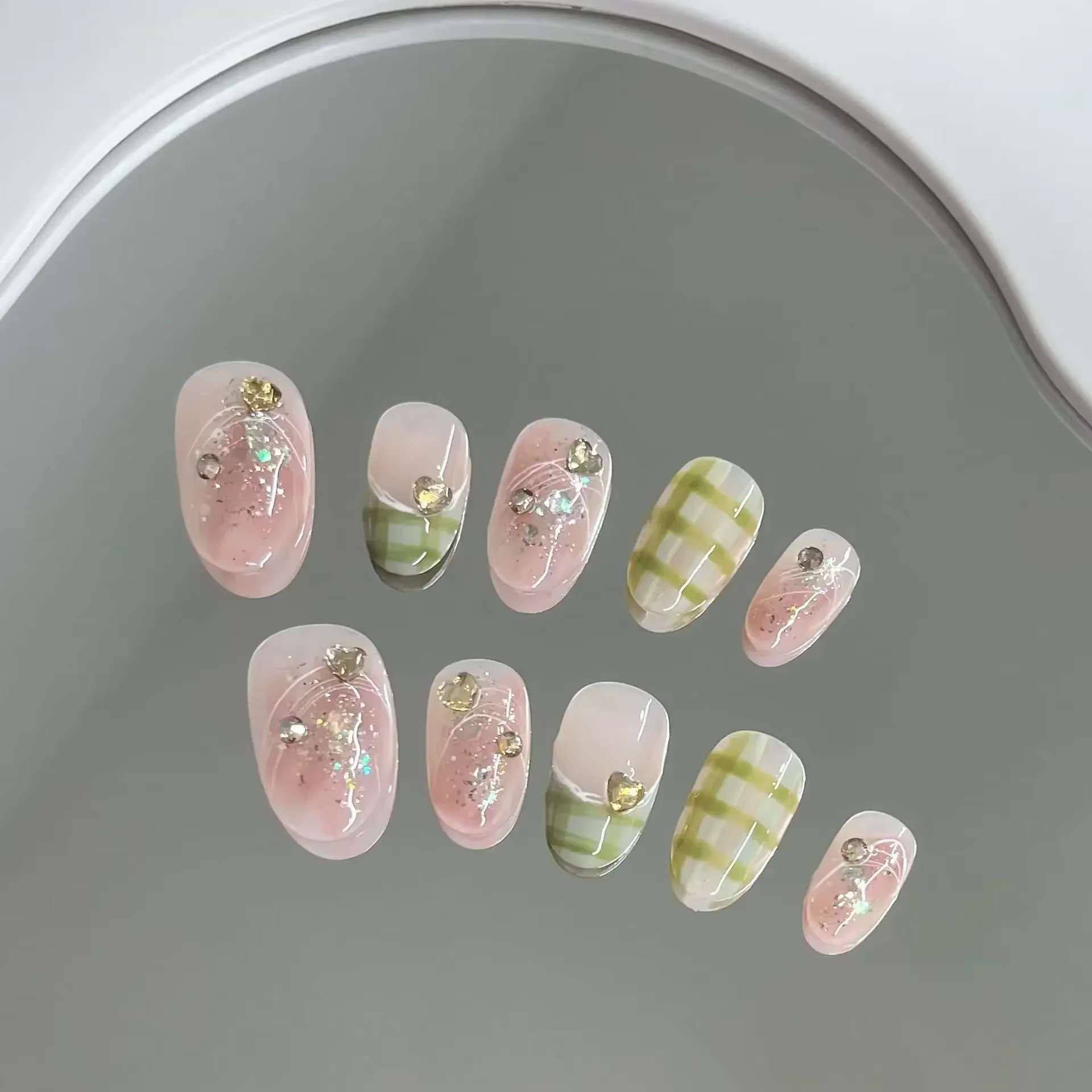 10 pièces court fait à la main rose presse sur les ongles printemps français strass couverture compl