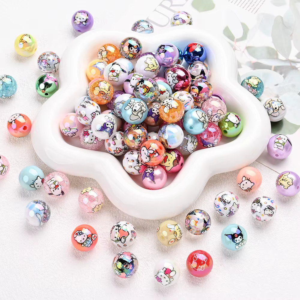 Perles acryliques mélangées aléatoires, 30 pièces, perles rondes imprimées Sanrio, amples pour brico