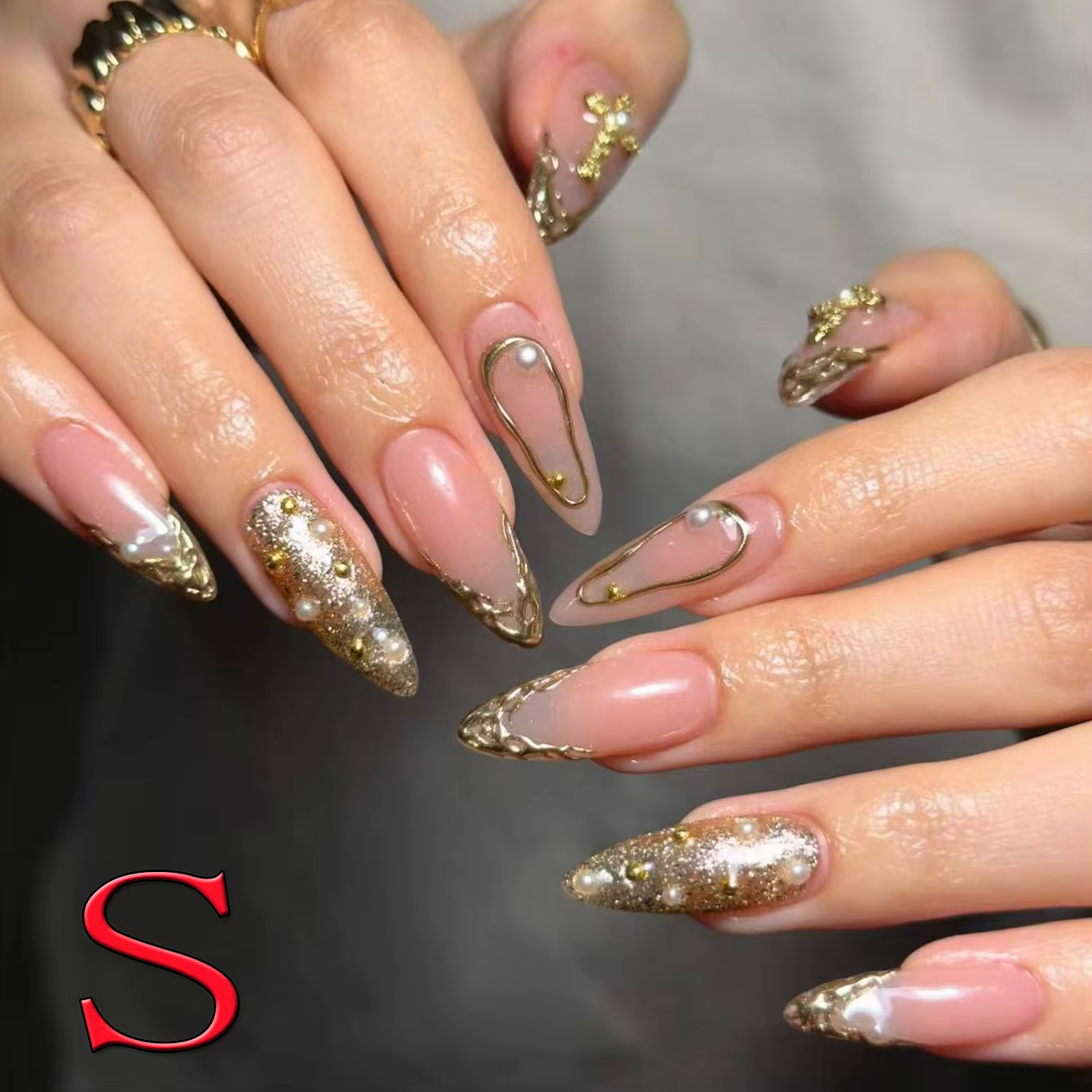 10 pièces diamant français pointu ongles courts carrés ongles nus faux ongles avec paillettes dorées