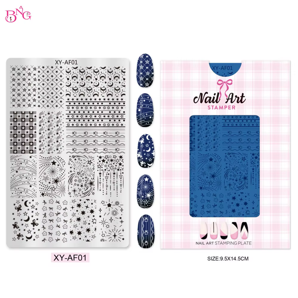 Plaque de stamping à ongles BNG à motifs écossais, animaux et étoiles, pochoirs de transfert pour na