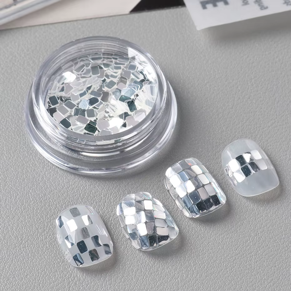 1 bouteille de paillettes holographiques carrées argentées pour nail art, design minimaliste de luxe