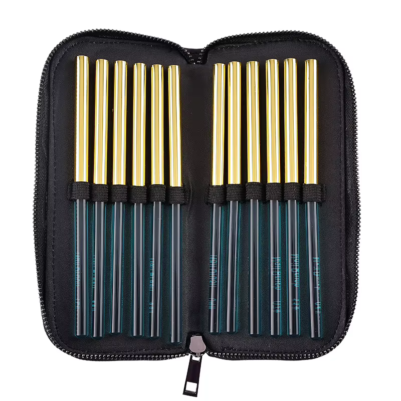 Ensemble de 12 pinceaux à ongles bleu cristal, poils doux, avec capuchons et sac, pour gel UV, liner