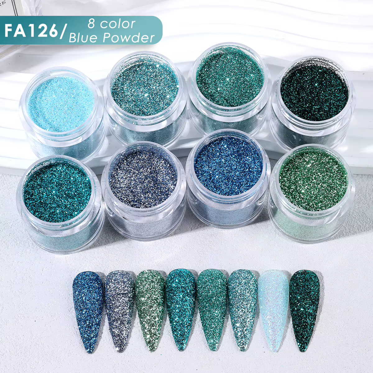 8 Bouteilles de Poudre à Paillettes pour Ongles Série Été Bleu, Vert Teal, Bleu Océan, Paillettes DI