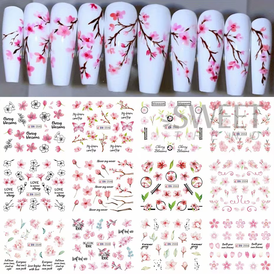 12 pièces rose fleur de cerisier eau curseurs d'ongles hiver nouvel an Sakura feuilles florales auto