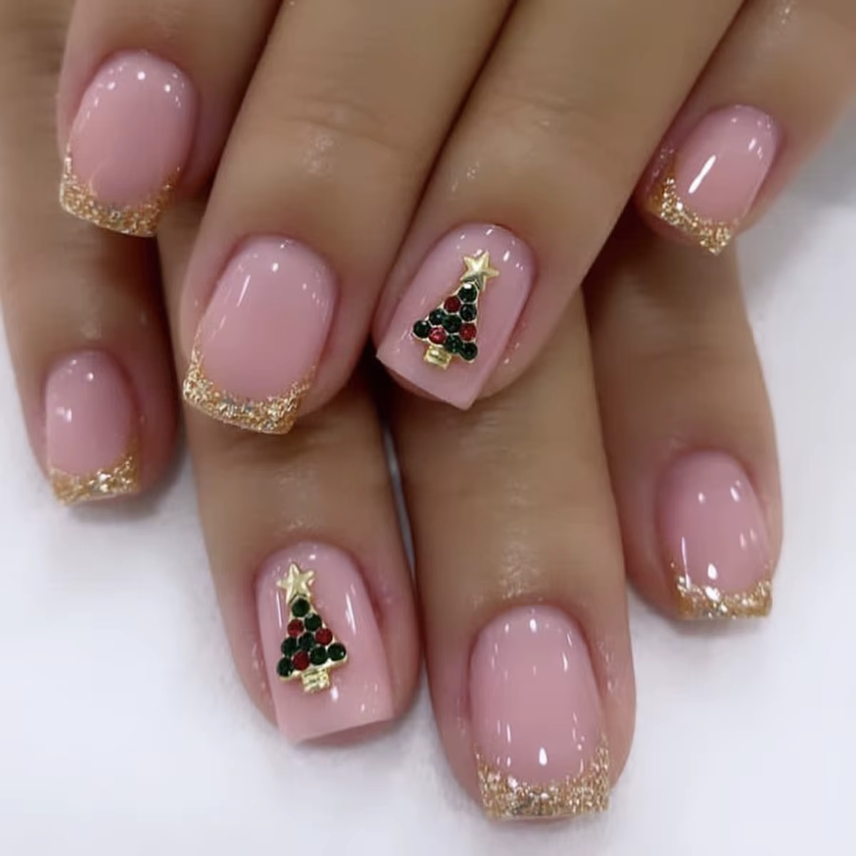 Faux ongles français à pression rose, carrés courts, avec colle, paillettes, acrylique, couverture c