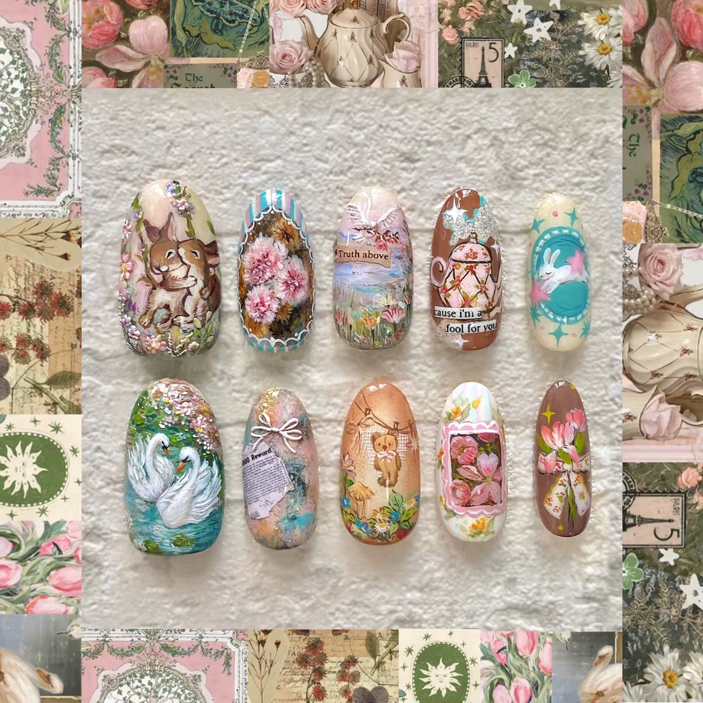 24 pièces série Journal de terrain faux ongles mignon lapin cygne fleur conceptions faux ongles Styl
