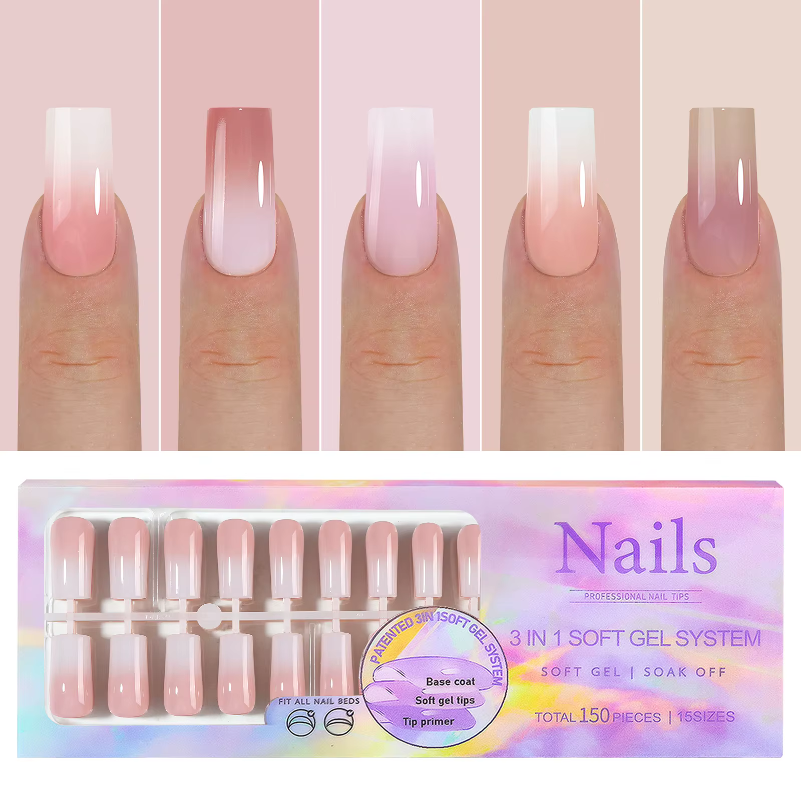 150 pièces dégradé couleur nue amande portable faux ongles conseils presse sur ongles acryliques amo