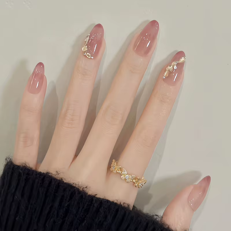 24 pièces Aurora Nude Rose presse sur ongles amande acrylique Simple faux ongles avec dégradé concep