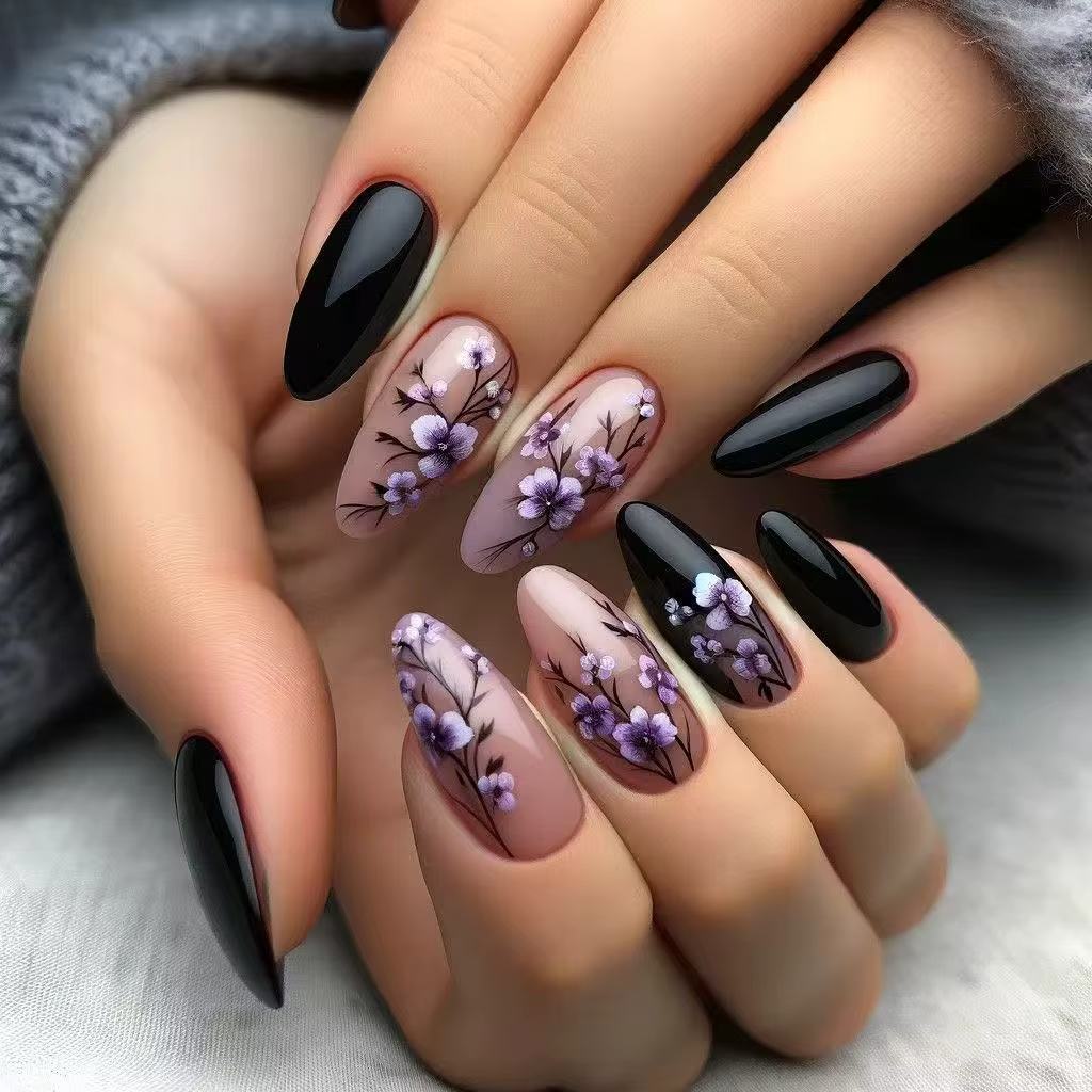 Fleur violette presse sur ongles 24 pièces amande/café portable faux ongles fleur imprimé femme bric