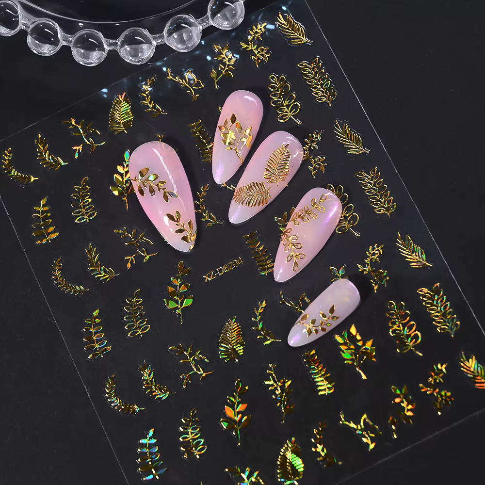 12 pièces/ensemble 3D feuille brillante fleur Nail Art autocollant Laer or bronzant feuilles ongles 