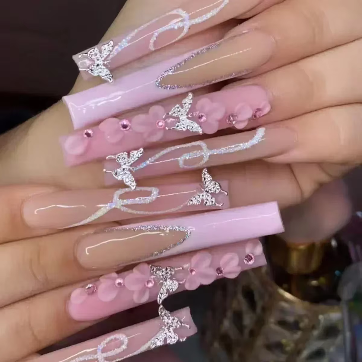 Faux ongles de Ballet longs, 24 pièces, papillon rose avec strass, Design français, portables, à pre