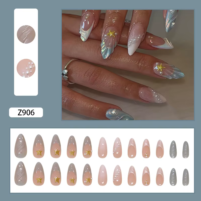 Faux ongles à presser en amande, 3D Coquillage Étoile Perle Strass, Transparent Nude, Thème Océan Ét