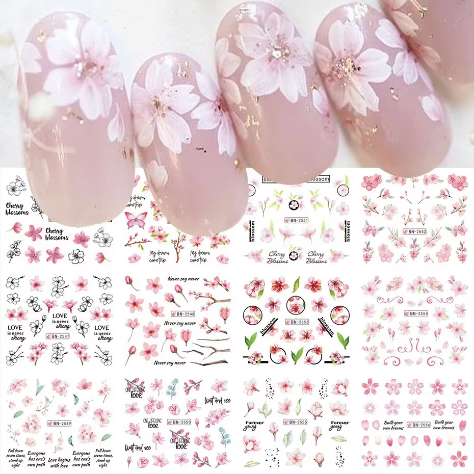 Autocollants à l'eau pour ongles, 12 modèles de fleurs de cerisier roses, décalcomanies coulissantes