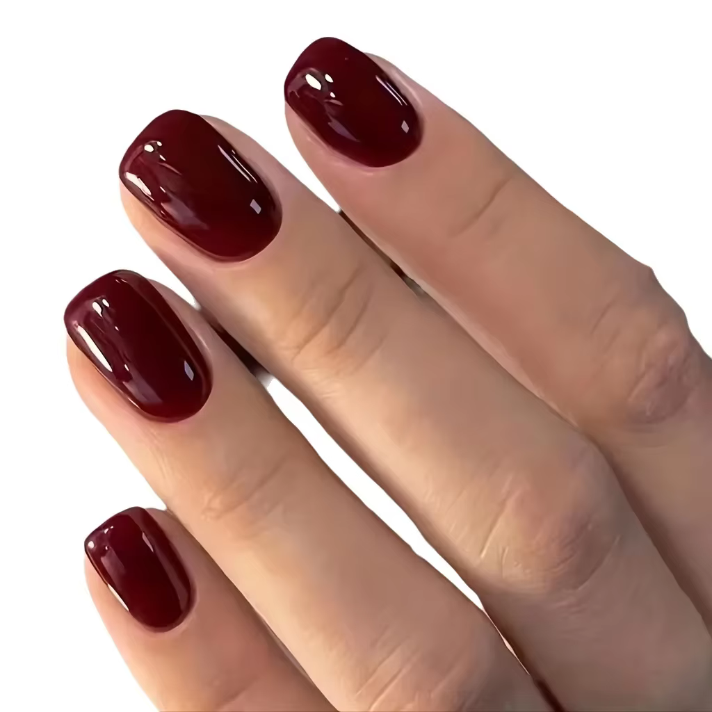 Nouveauté 2026 – 24 faux ongles carrés courts à presser, couleur unie rouge bordeaux, design simple,