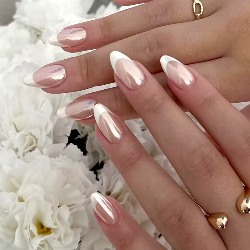 Faux ongles moyens pour femmes et filles, style minimaliste français, surface nacrée, pointes d'ongl
