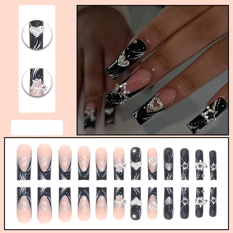 24 pièces/1 boîte noir français portant un Patch pour ongles doux et frais paillettes étoiles d'amou