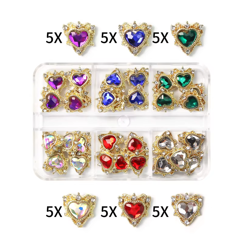 6 compartiments de strass pour ongles, breloques croix planète Saturne, bijoux de luxe pour ongles,