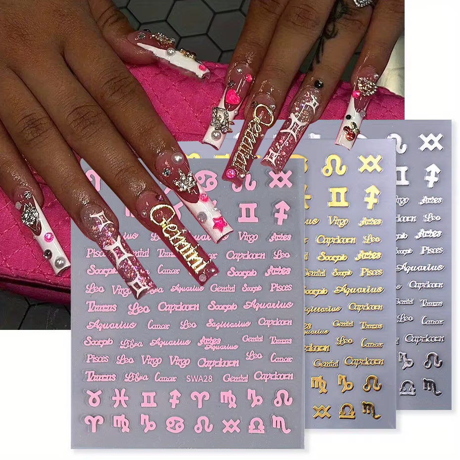 Autocollants de manucure pour ongles, douze Constellations, Alphabet anglais, mots adhésifs, or, arg