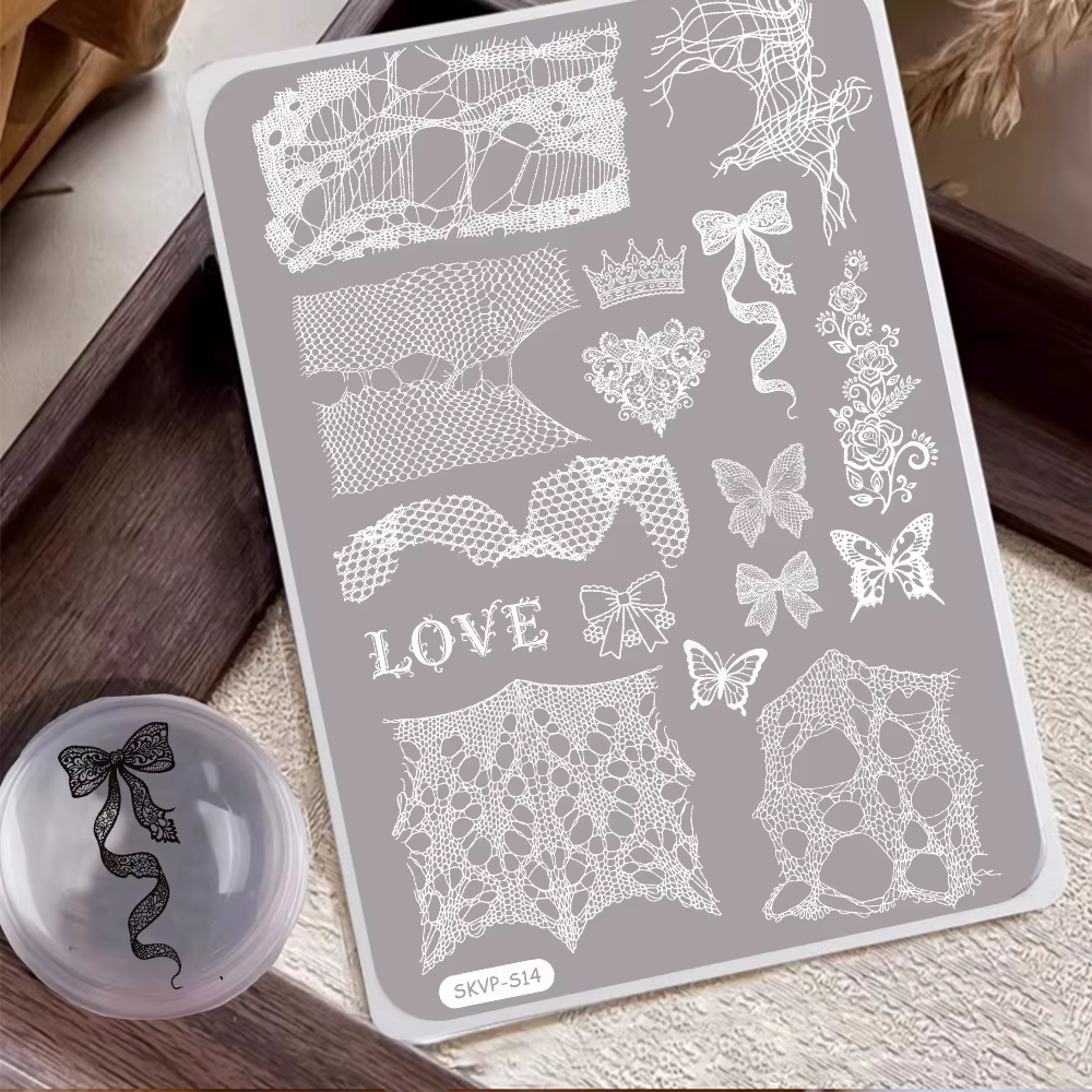Plaques de stamping pour ongles, motifs dentelle, dentelle papillon, dentelle filet, divers designs 