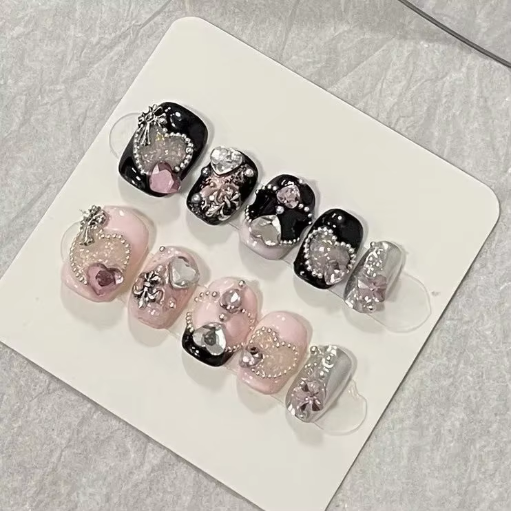 Faux ongles faits main, style princesse, avec strass et perles en acier, design tendance et élégant,
