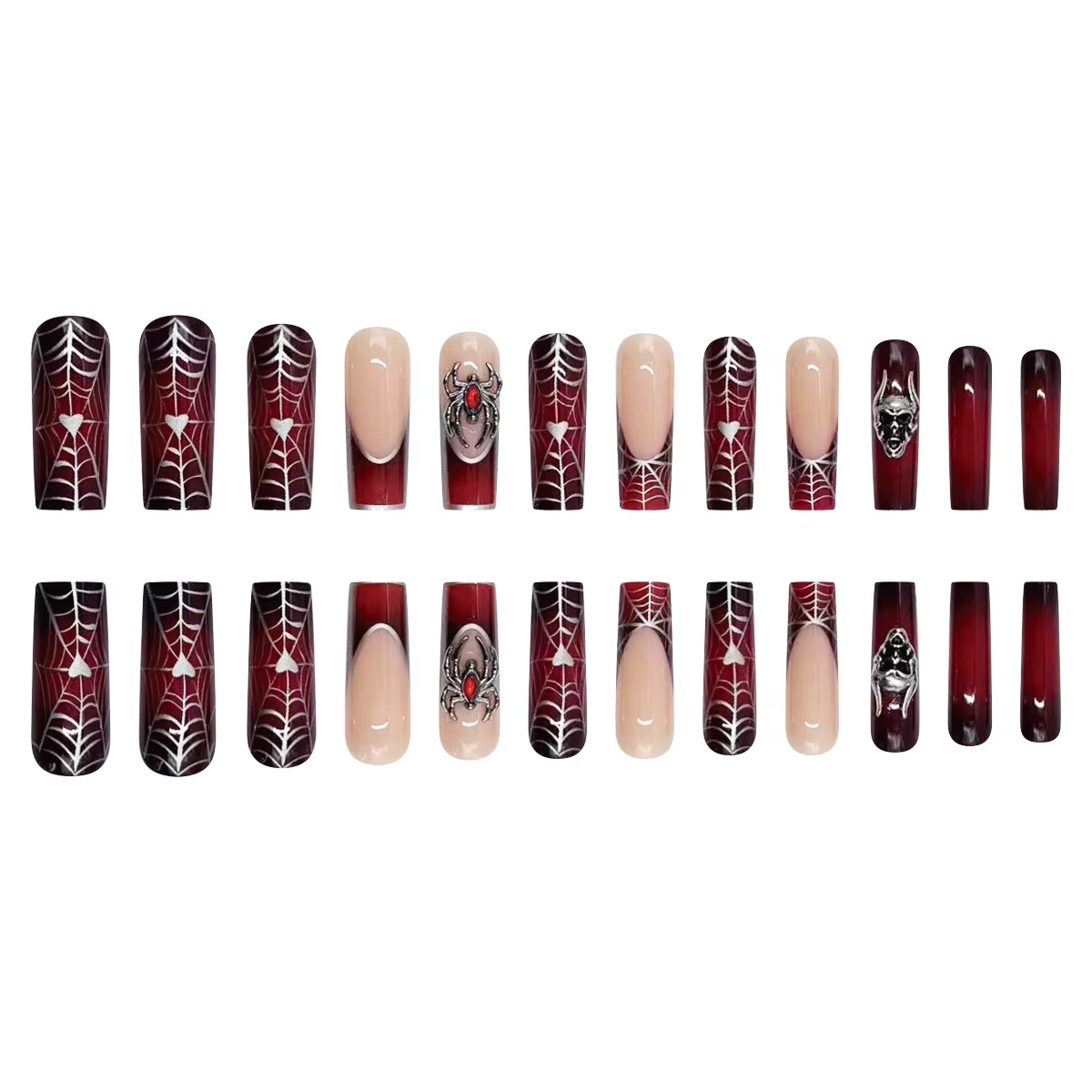 24 pièces français noir presse sur ongles Style Punk 3D araignée crâne conception faux ongles noir r