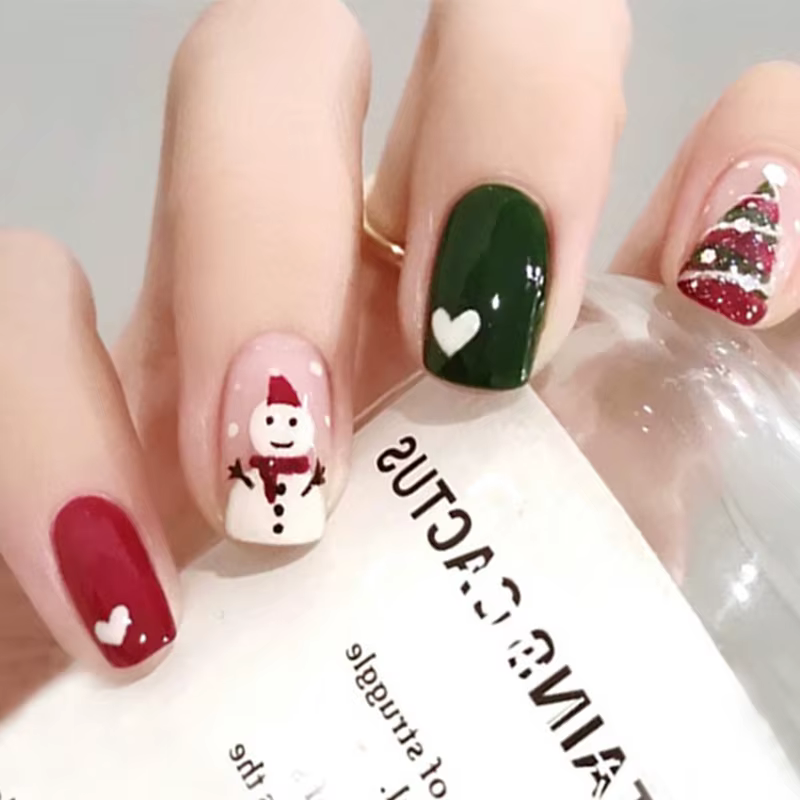 Faux ongles mi-longs pour fête de noël, pointes carrées en amande, arbre de noël, flocon de neige, c