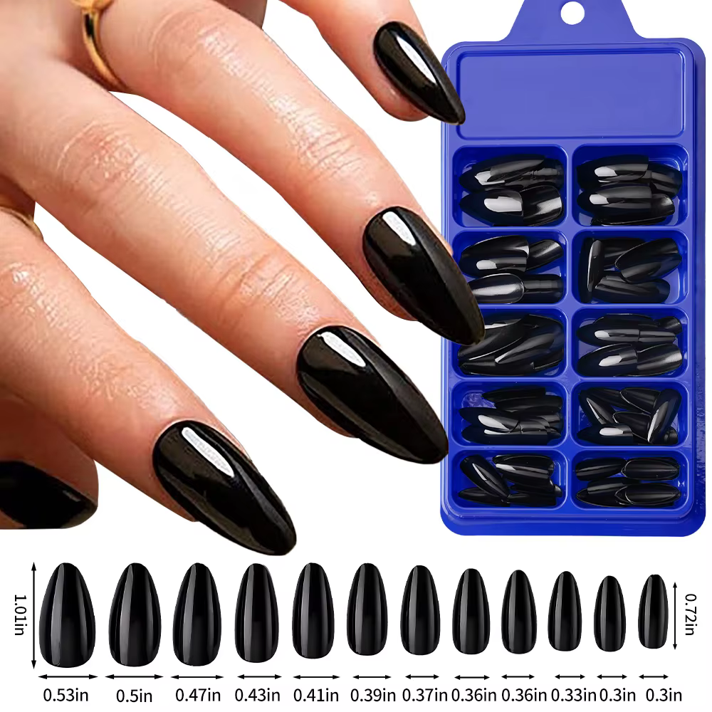 100 pièces presse à la main sur les ongles noir français amande couleur unie mi-longue artificielle 